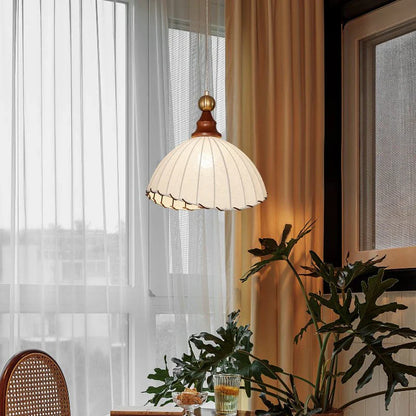 Retro Pendant Light with Silk Shade and Wooden Finish
