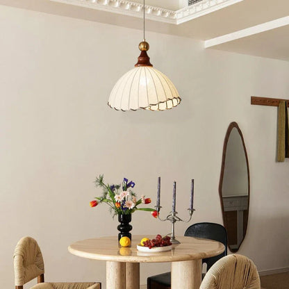 Retro Pendant Light with Silk Shade and Wooden Finish