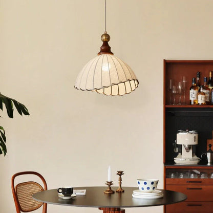 Retro Pendant Light with Silk Shade and Wooden Finish