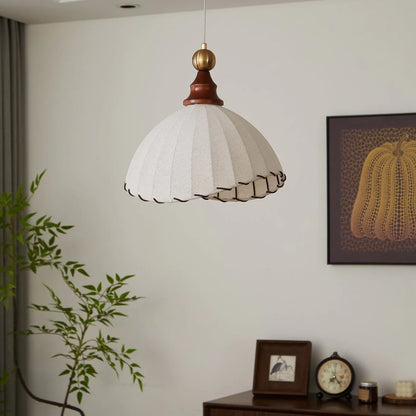 Retro Pendant Light with Silk Shade and Wooden Finish