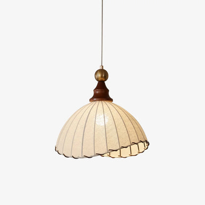 Retro Pendant Light with Silk Shade and Wooden Finish
