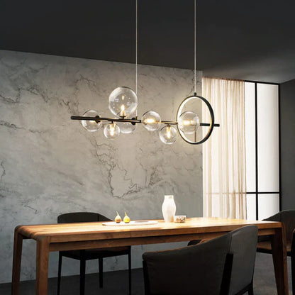 Modern Linear Chandelier – Glass Globes and LED Ring on Black Frame