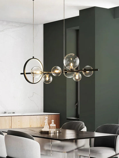 Modern Linear Chandelier – Glass Globes and LED Ring on Black Frame