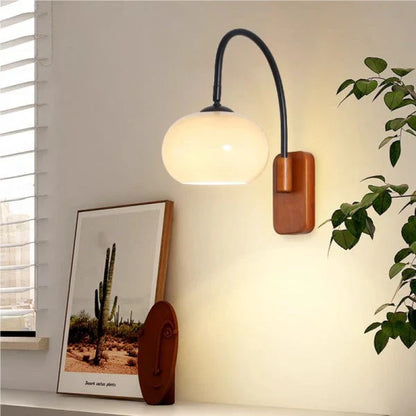 Modern Wall Light with Glass Shade and Wooden Base – Ideal for Bedroom, Living Room or Reading Nook