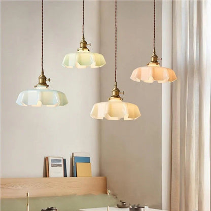 Retro Pendant Lights with Coloured Glass Shades and Brass Finish
