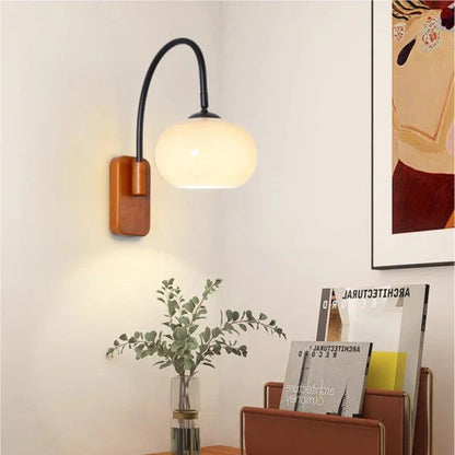 Modern Wall Light with Glass Shade and Wooden Base – Ideal for Bedroom, Living Room or Reading Nook