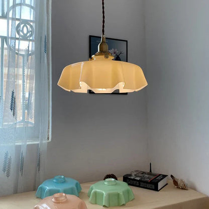 Retro Pendant Lights with Coloured Glass Shades and Brass Finish