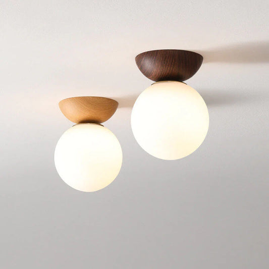 Modern Japanese-Style Ceiling Light with Wooden Base – Minimalist Globe