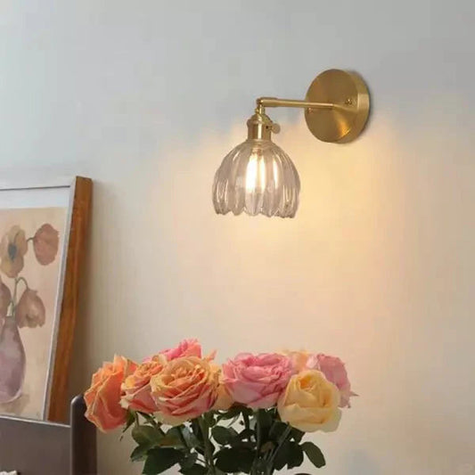 Retro Wall Lamp in Tulip Flower Shape – Vintage Sconce with Glass Shade and Gold Finish