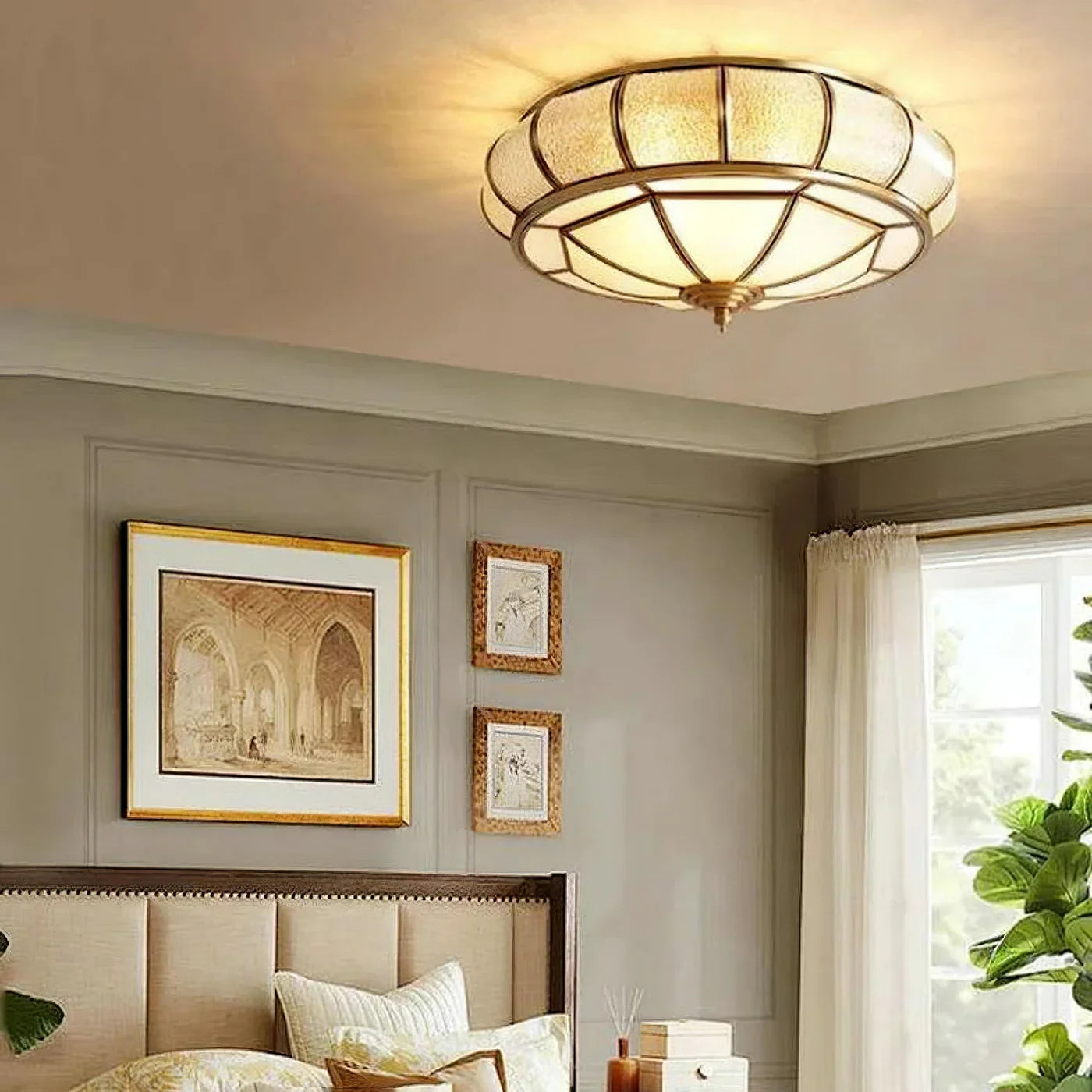 Classic Retro Ceiling Light with Glass & Brass Finish