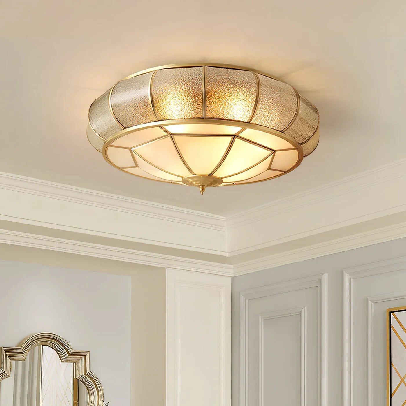 Classic Retro Ceiling Light with Glass & Brass Finish
