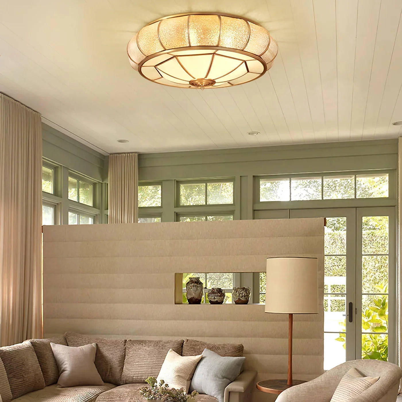 Classic Retro Ceiling Light with Glass & Brass Finish