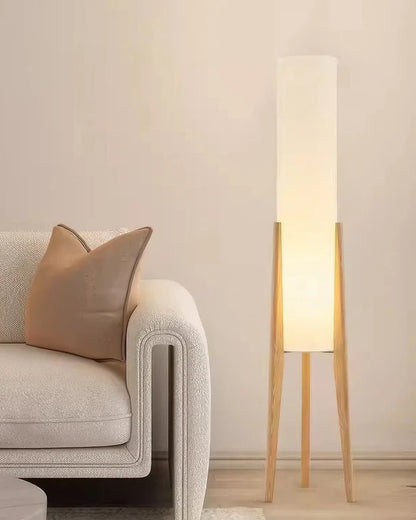 Modern Floor Lamp with Wooden Legs and Cylindrical Shade