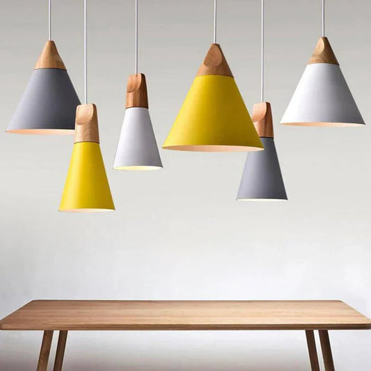 Scandinavian Pendant Lights – Colourful Cones with Wood and Metal