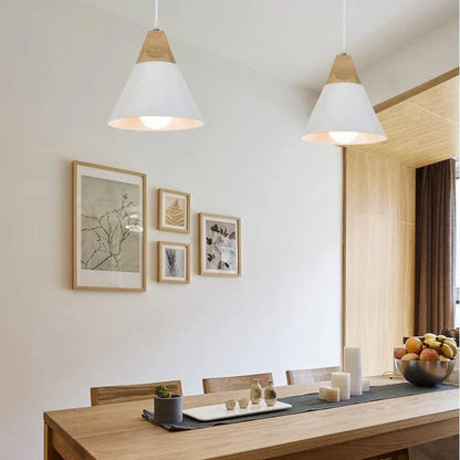 Scandinavian Pendant Lights – Colourful Cones with Wood and Metal