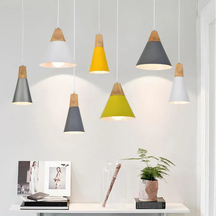 Scandinavian Pendant Lights – Colourful Cones with Wood and Metal