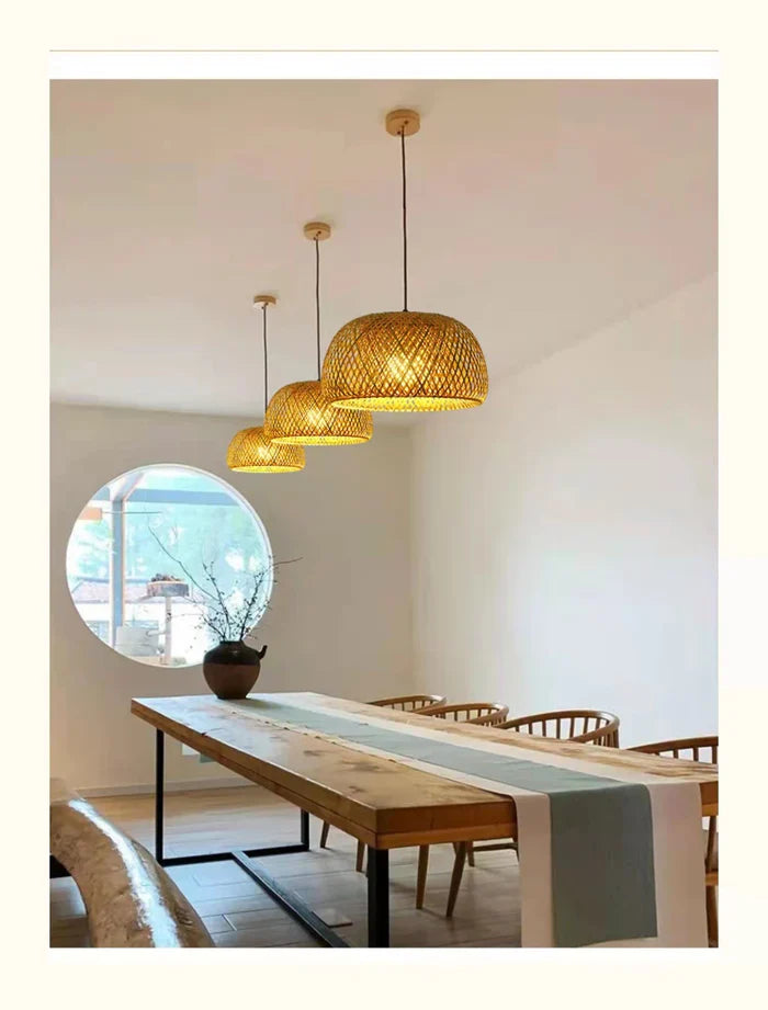 Boho Rattan Pendant Light – Handwoven Bamboo Ceiling Lamp