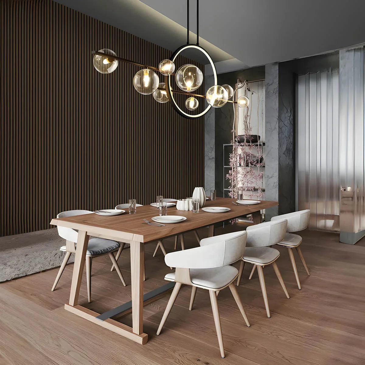 Modern Ceiling Light with Globe Shades & Geometric LED Ring