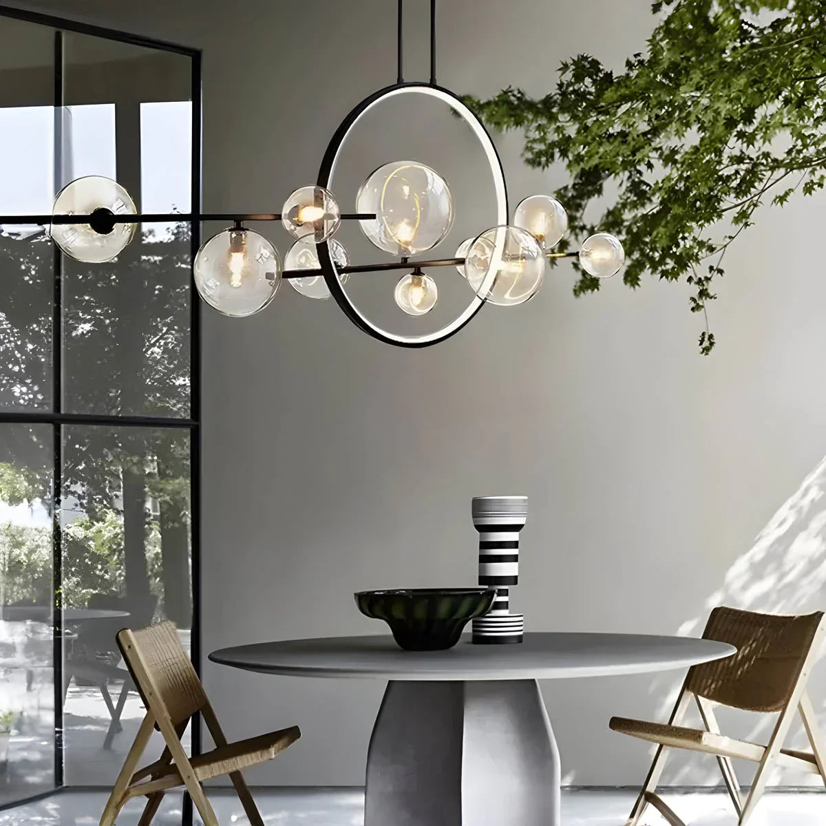 Modern Ceiling Light with Globe Shades & Geometric LED Ring