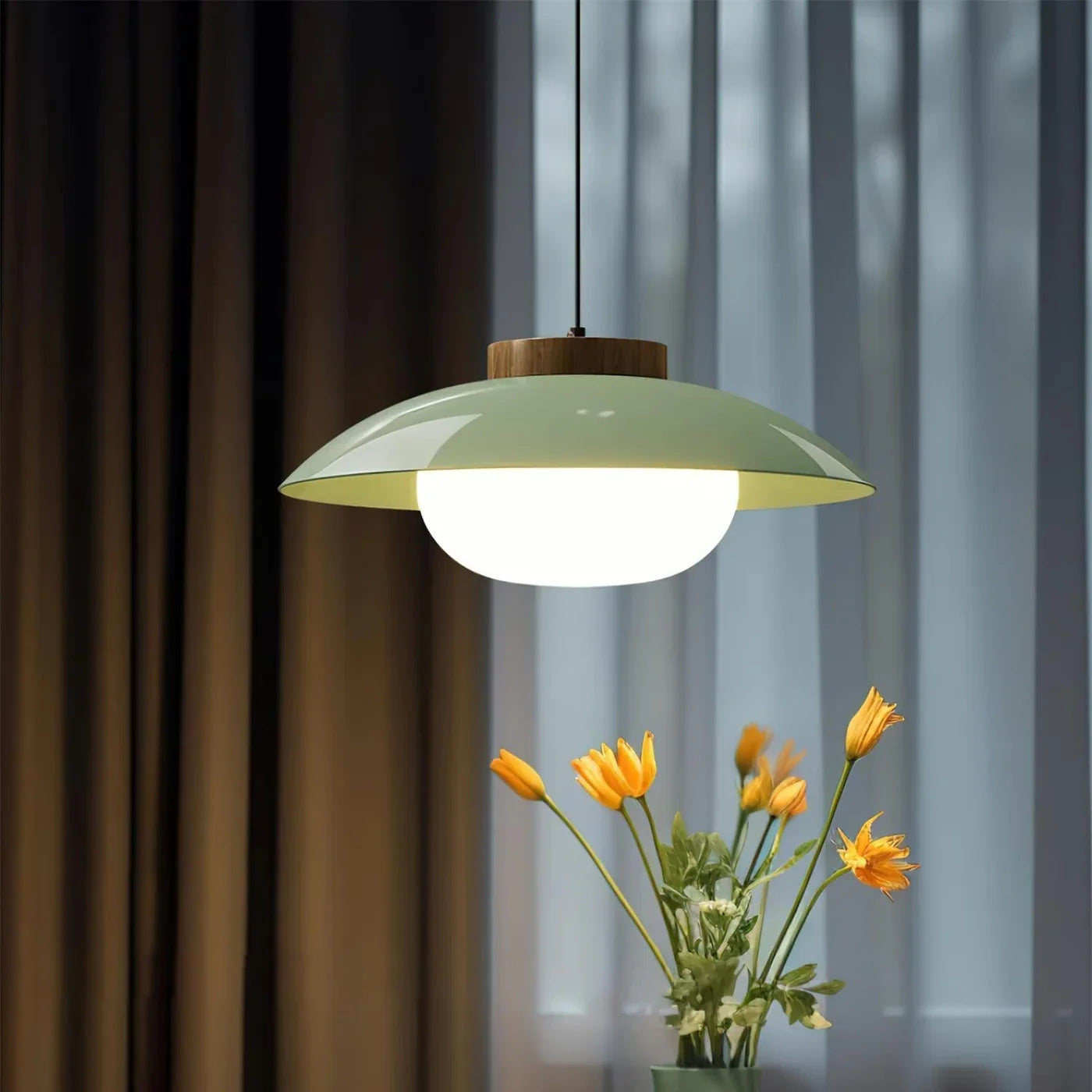 Modern Glass Pendant Light with Wooden Accent – Minimalist Design