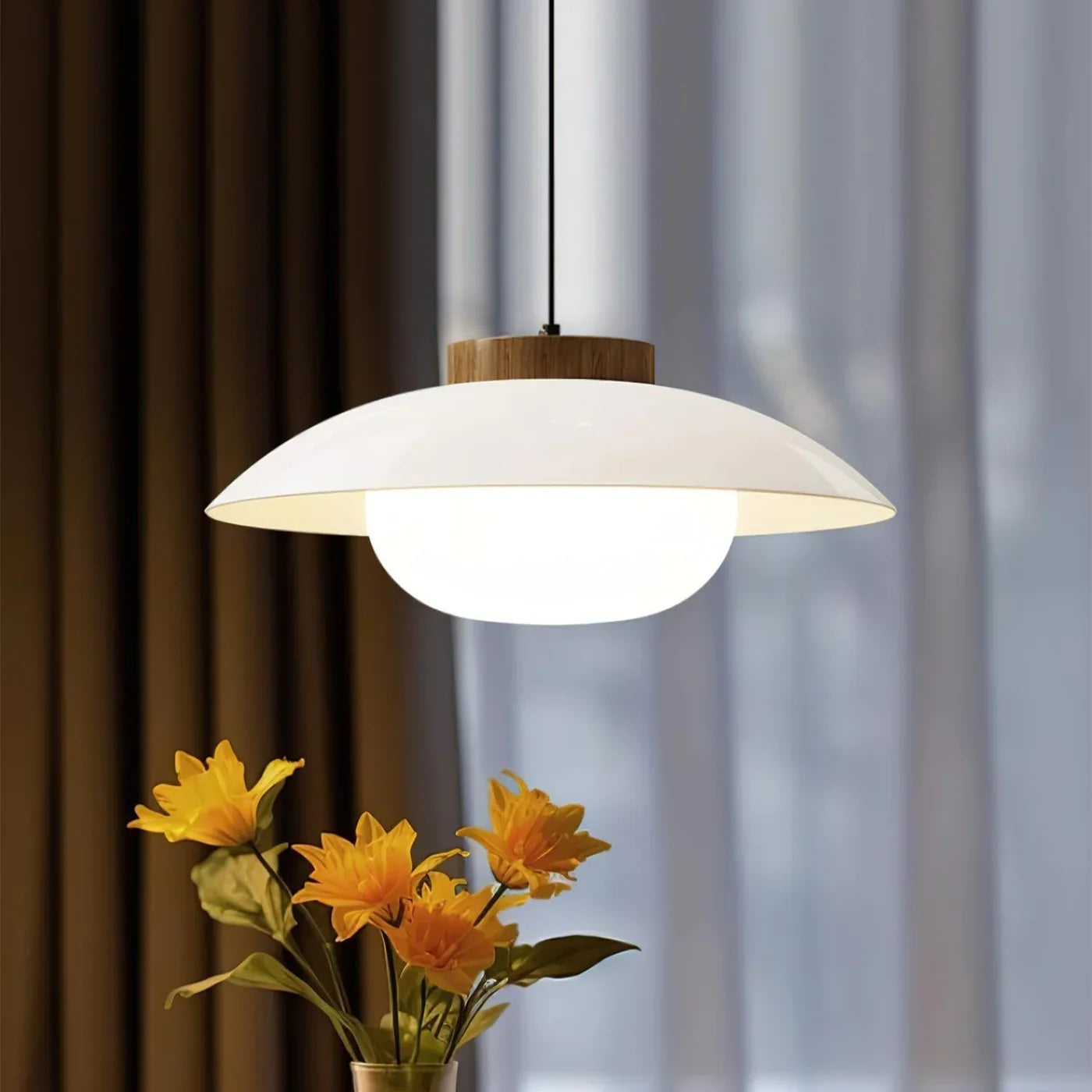 Modern Glass Pendant Light with Wooden Accent – Minimalist Design