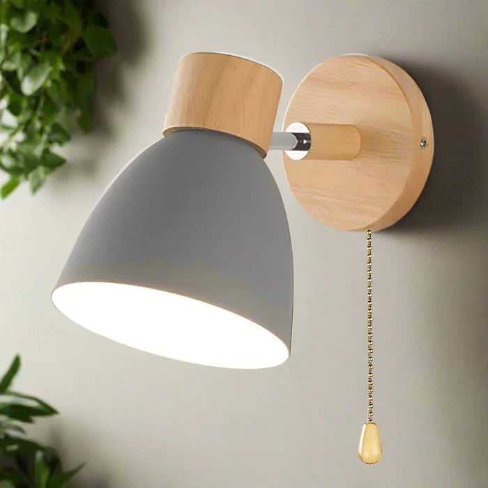 Modern Wall Lamp with Wooden Base and Metal Shade