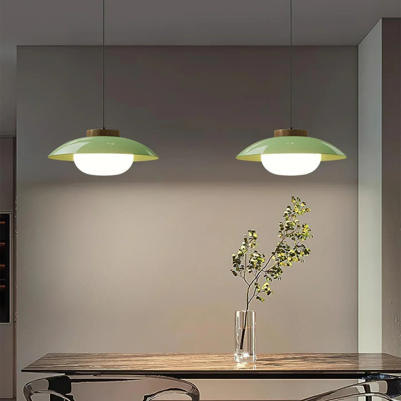 Modern Glass Pendant Light with Wooden Accent – Minimalist Design